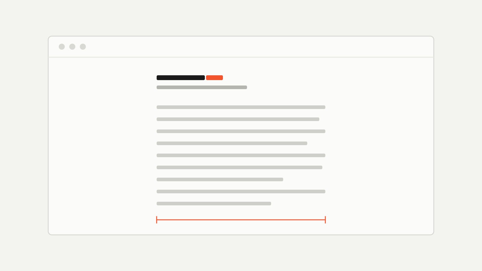 A browser window with a single centered column of text, the column width marked in orange